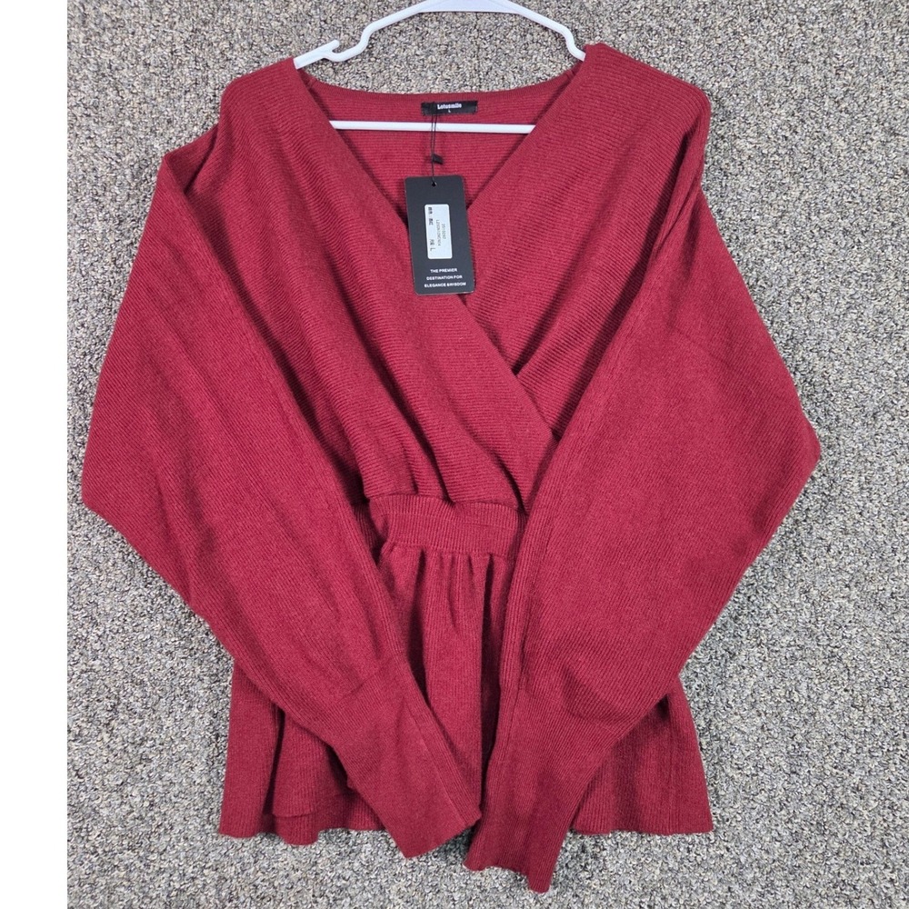 Lotusmile Surplice Peplum Sweater Womens Large Burgundy Ribbed Wrap Knit Top NWT